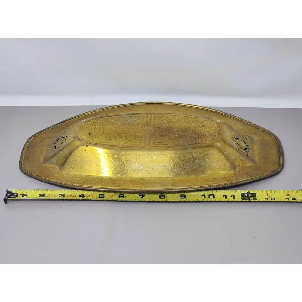 Vintage Brass Bread/Trinket‎ Tray Oval Dish With Abstract Etchings